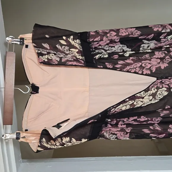 BCBGMaxAzria Amber Strapless Floral Print Sheer Contrast Gown