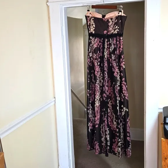 BCBGMaxAzria Amber Strapless Floral Print Sheer Contrast Gown