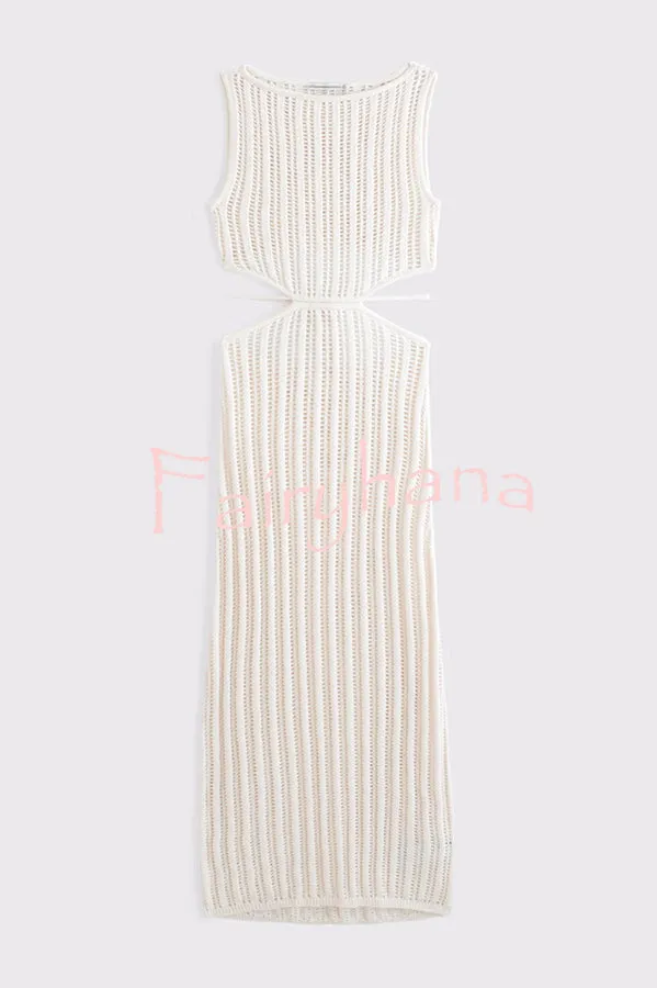 Beach Day Crochet Knit Cutout Waist Coverup Stretch Maxi Dress