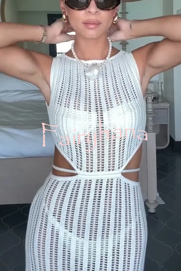 Beach Day Crochet Knit Cutout Waist Coverup Stretch Maxi Dress