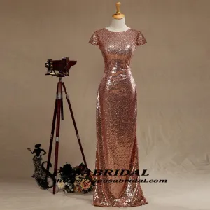 Black and Rose Gold Sequins Mermaid Cheap Sparkly Custom  Cowl Back Cap Sleeves Scoop Bridesmaid Dresses , WG294