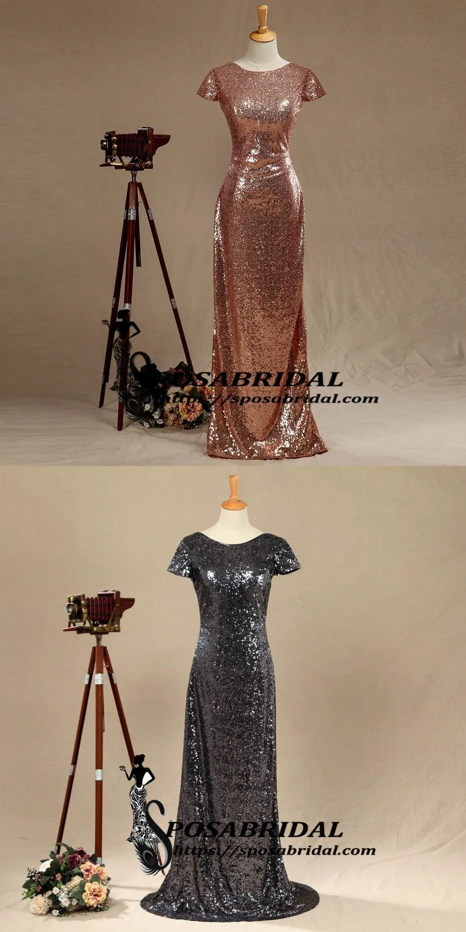 Black and Rose Gold Sequins Mermaid Cheap Sparkly Custom  Cowl Back Cap Sleeves Scoop Bridesmaid Dresses , WG294