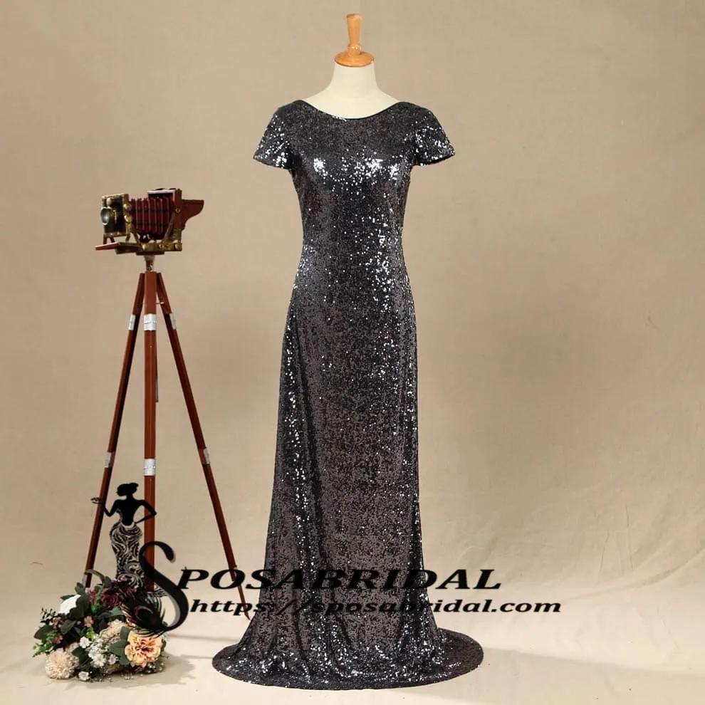 Black and Rose Gold Sequins Mermaid Cheap Sparkly Custom  Cowl Back Cap Sleeves Scoop Bridesmaid Dresses , WG294