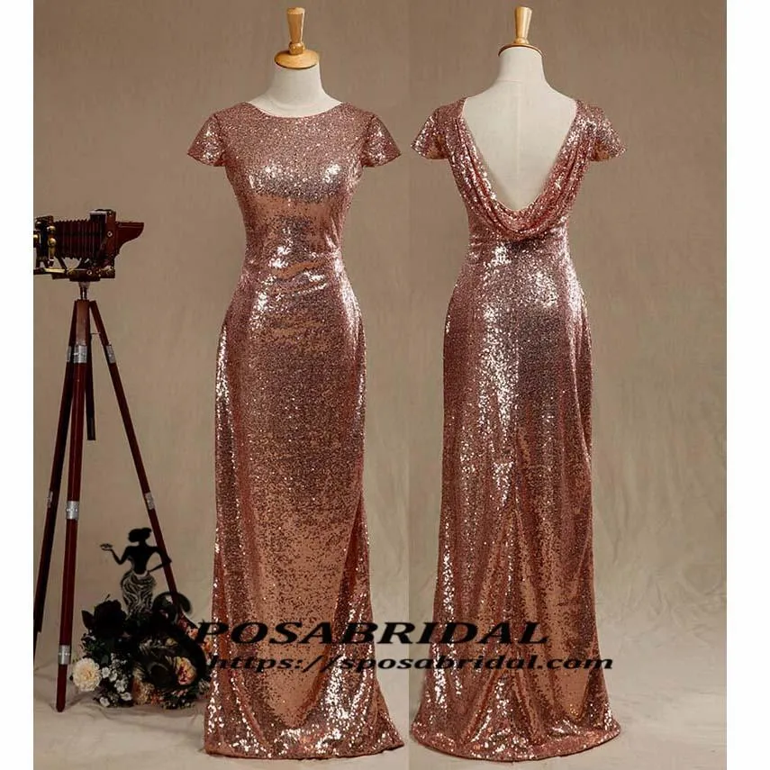Black and Rose Gold Sequins Mermaid Cheap Sparkly Custom  Cowl Back Cap Sleeves Scoop Bridesmaid Dresses , WG294