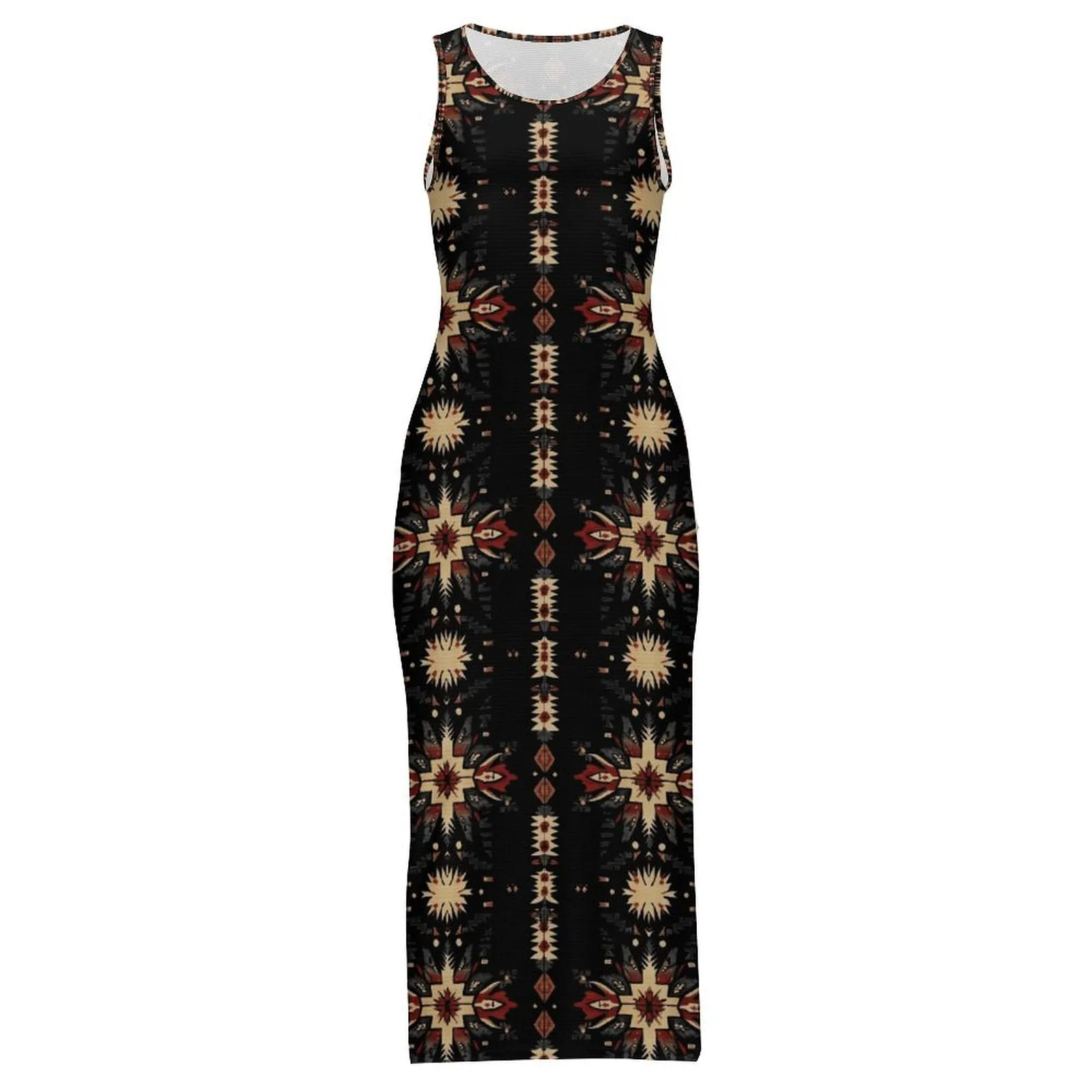 Black and Tan Aztec Bodycon Side Slit Western Maxi Dress