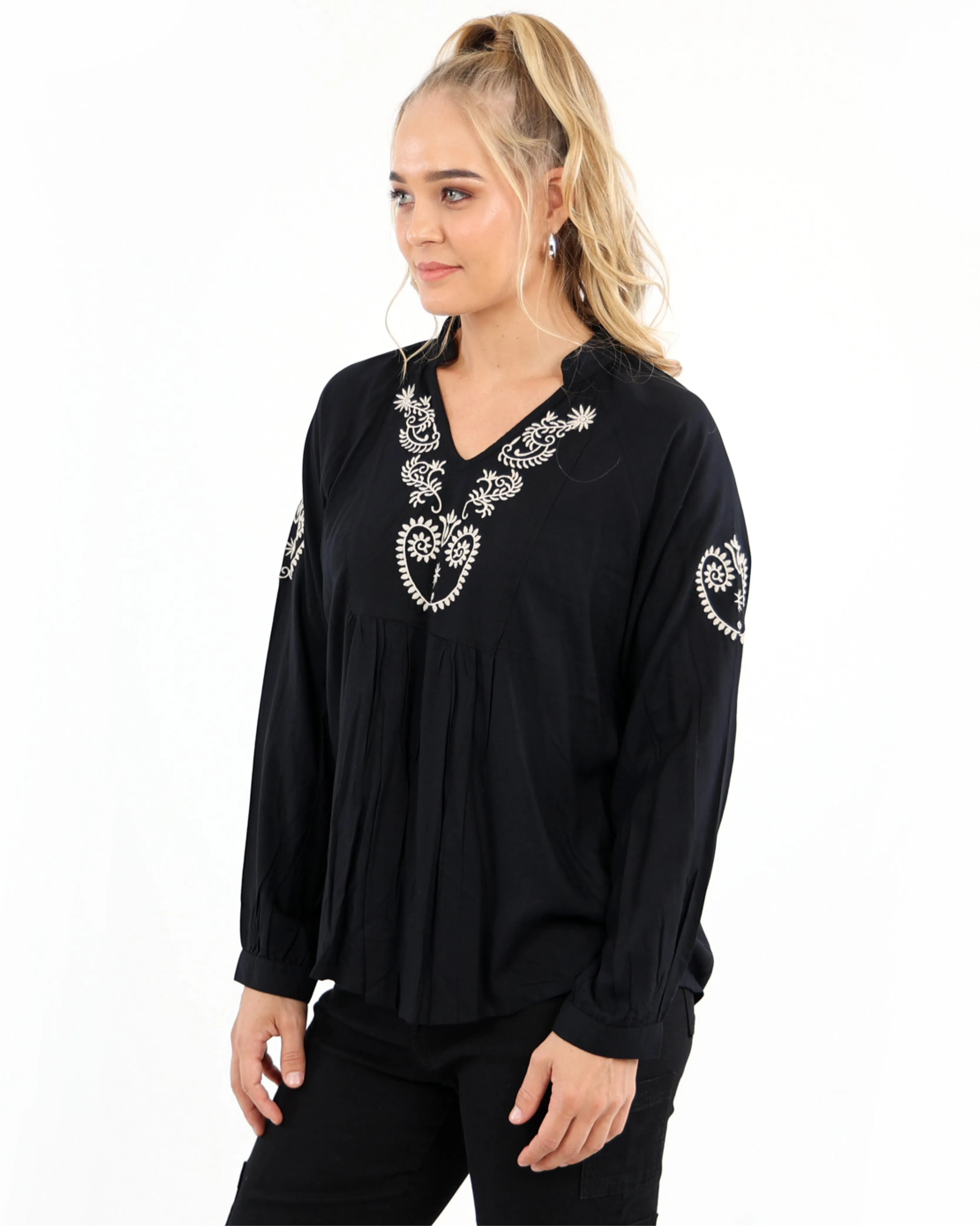 Black Embroidered Long Sleeve Blouse