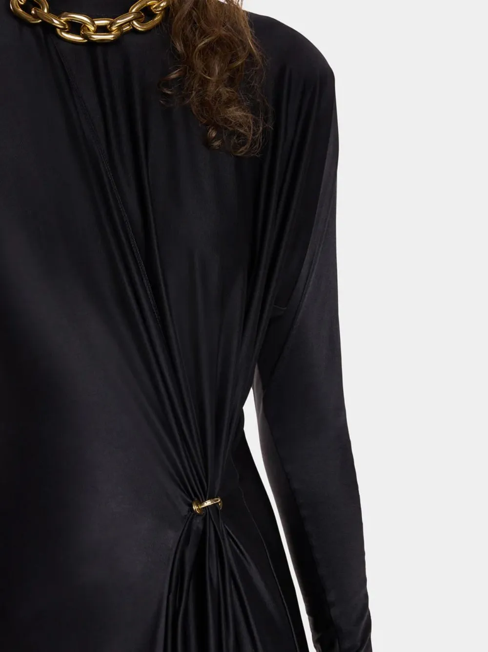 Black Long Gathered Jersey Dress with Gold Ring