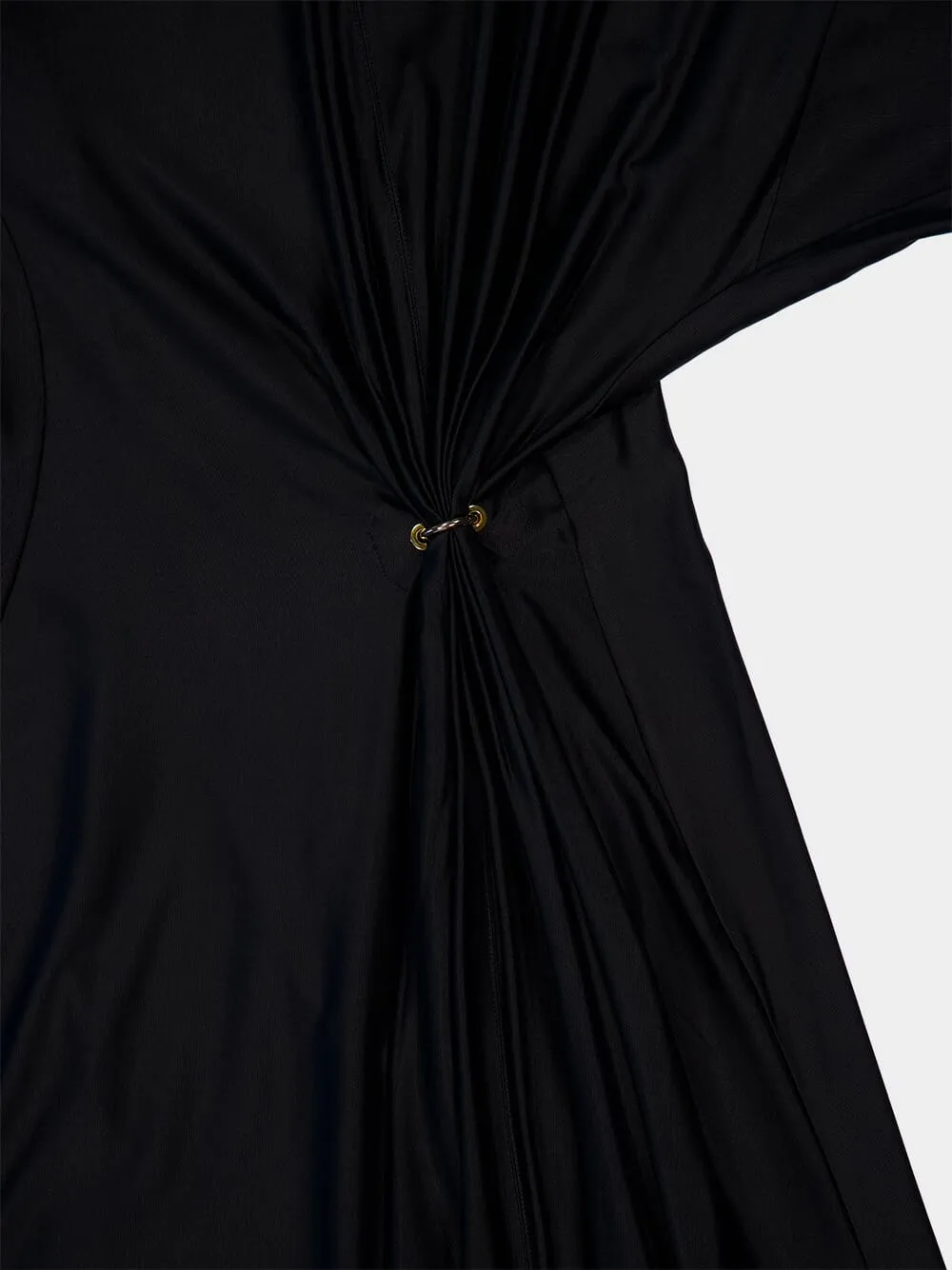 Black Long Gathered Jersey Dress with Gold Ring