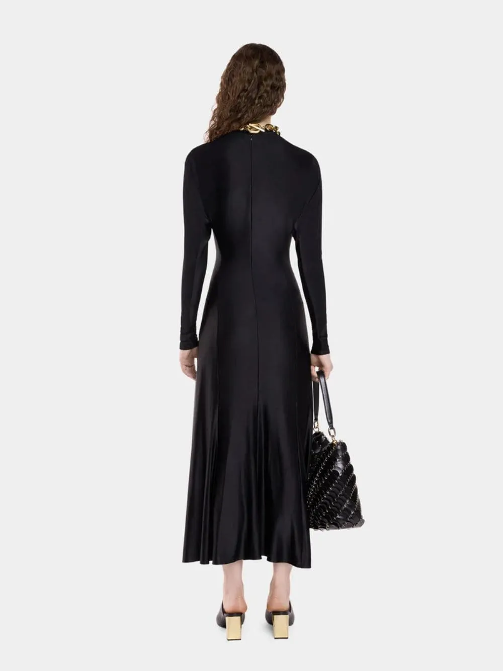 Black Long Gathered Jersey Dress with Gold Ring