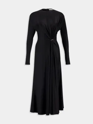 Black Long Gathered Jersey Dress with Gold Ring