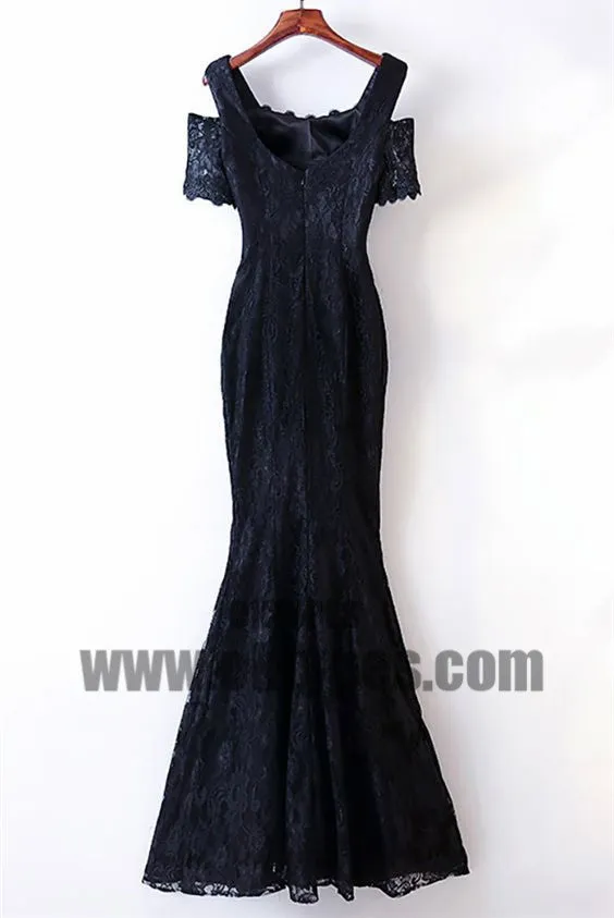 Black Long Mermaid Lace Prom Dresses, Off-shoulder Zipper Prom Dresses, Prom Dresses, TYP0472