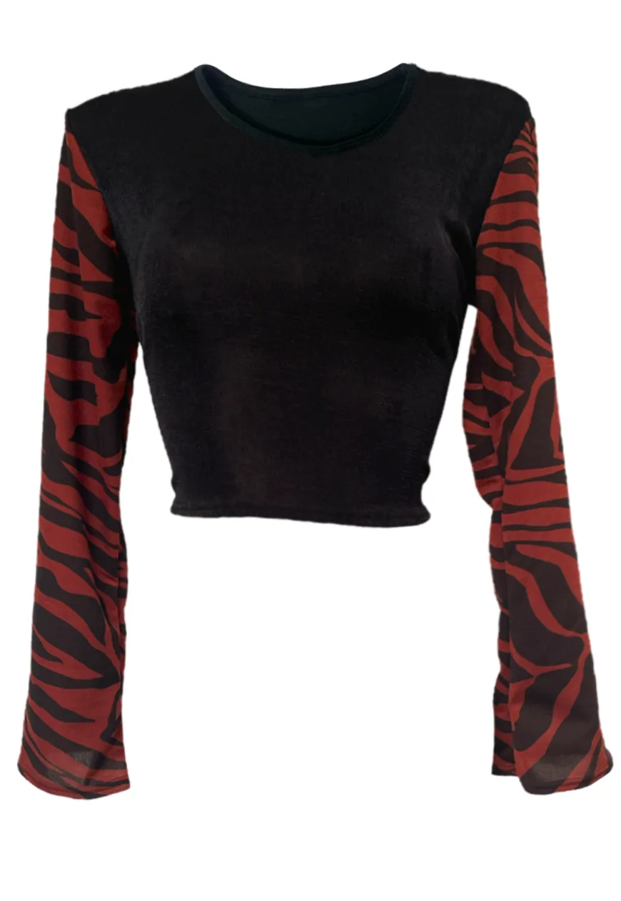 BLACK TIGER PRINT FLARE CROPPED TOP
