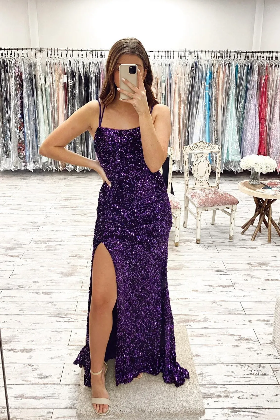 Blue Sequin Straps Mermaid Long Prom Dress with Slit