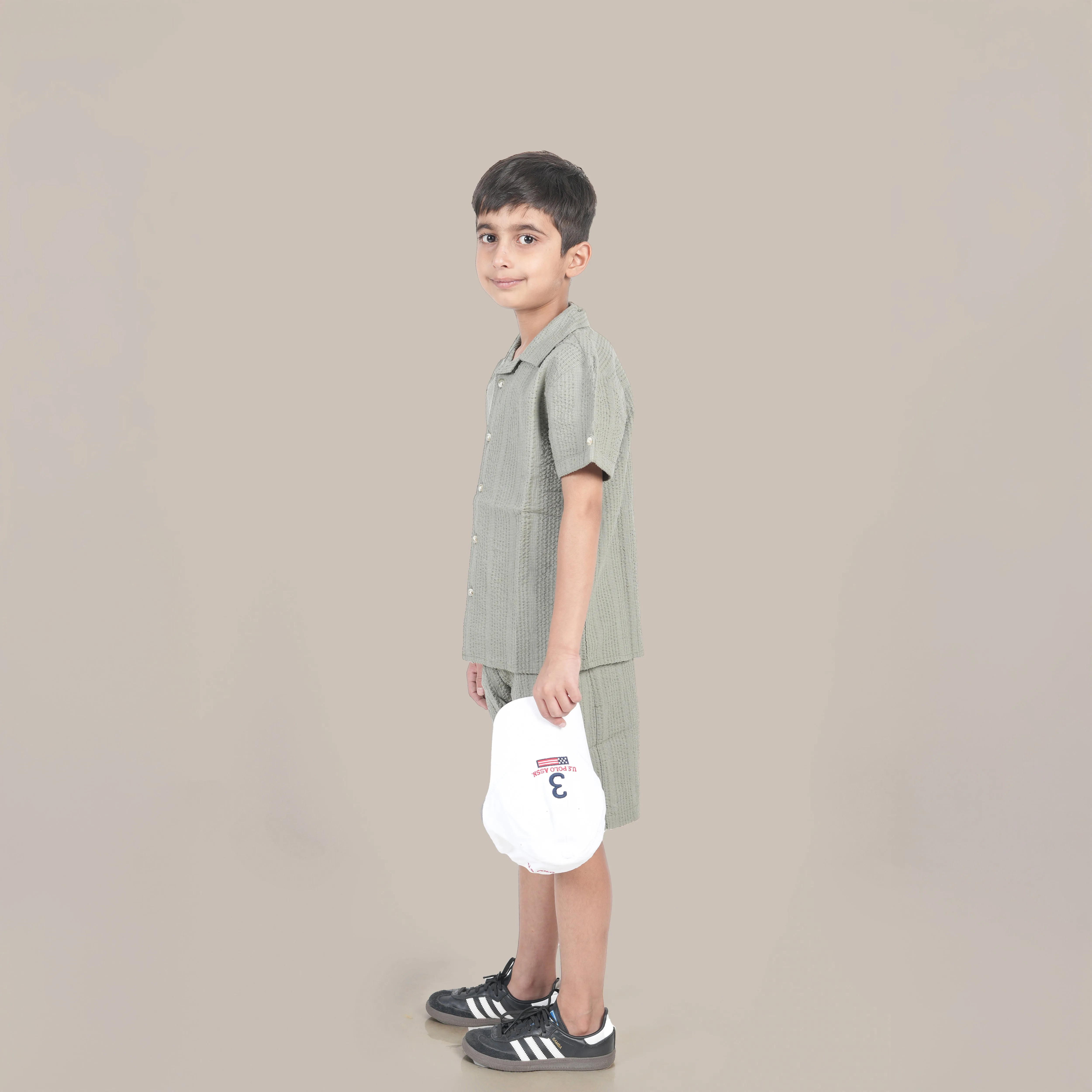 Boys Textured Seersucker Resort Shirt & Short Co-Ord Set Sage Green