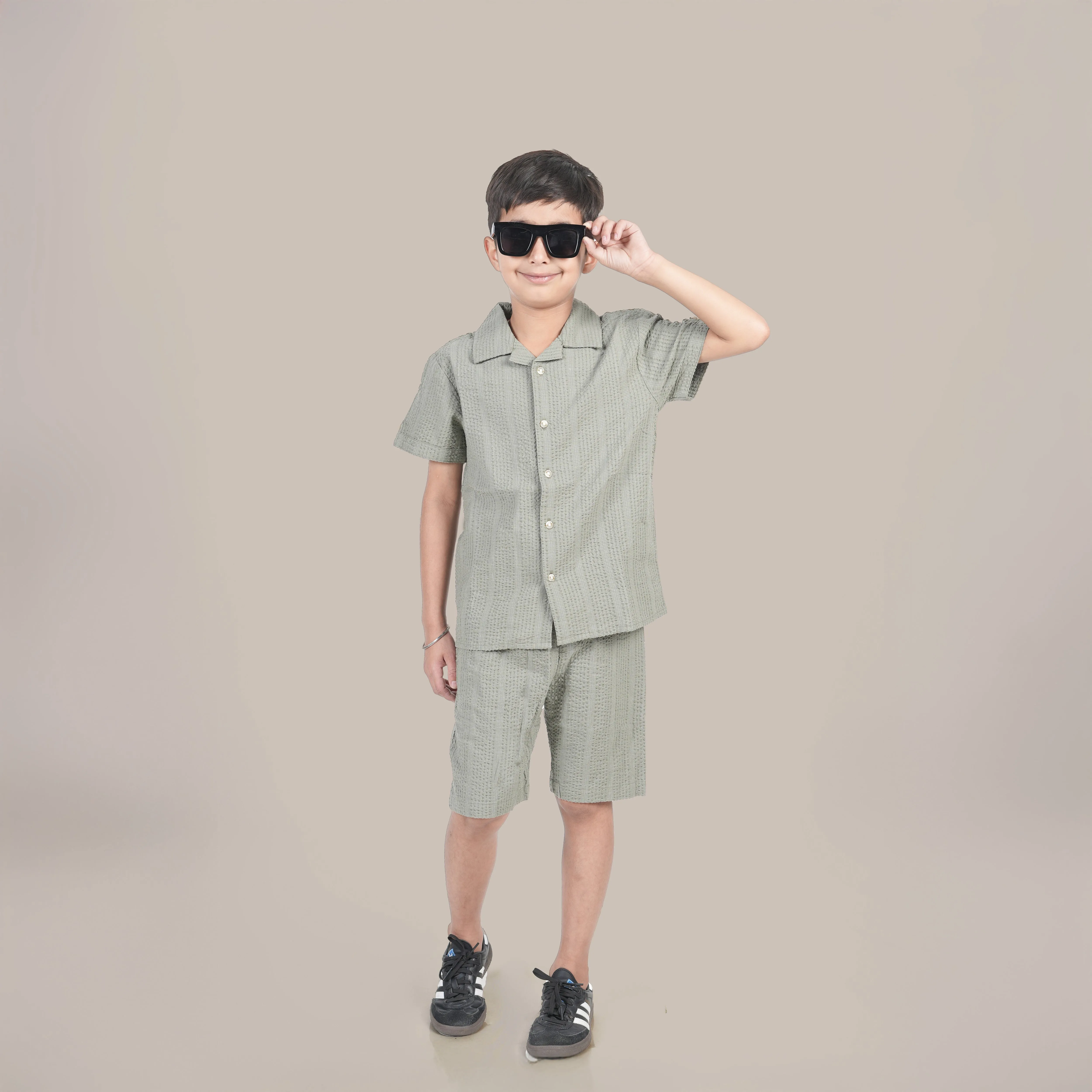 Boys Textured Seersucker Resort Shirt & Short Co-Ord Set Sage Green