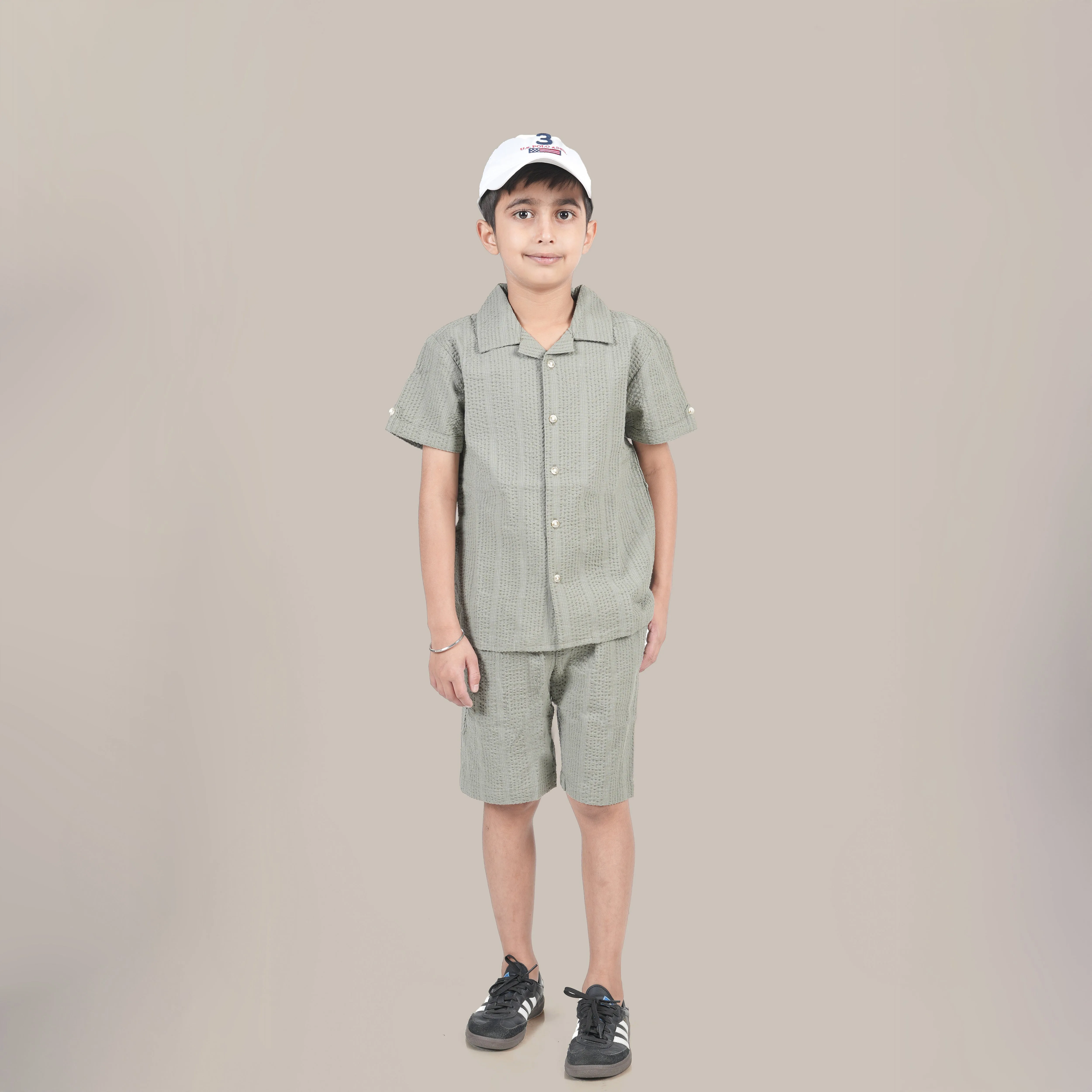 Boys Textured Seersucker Resort Shirt & Short Co-Ord Set Sage Green