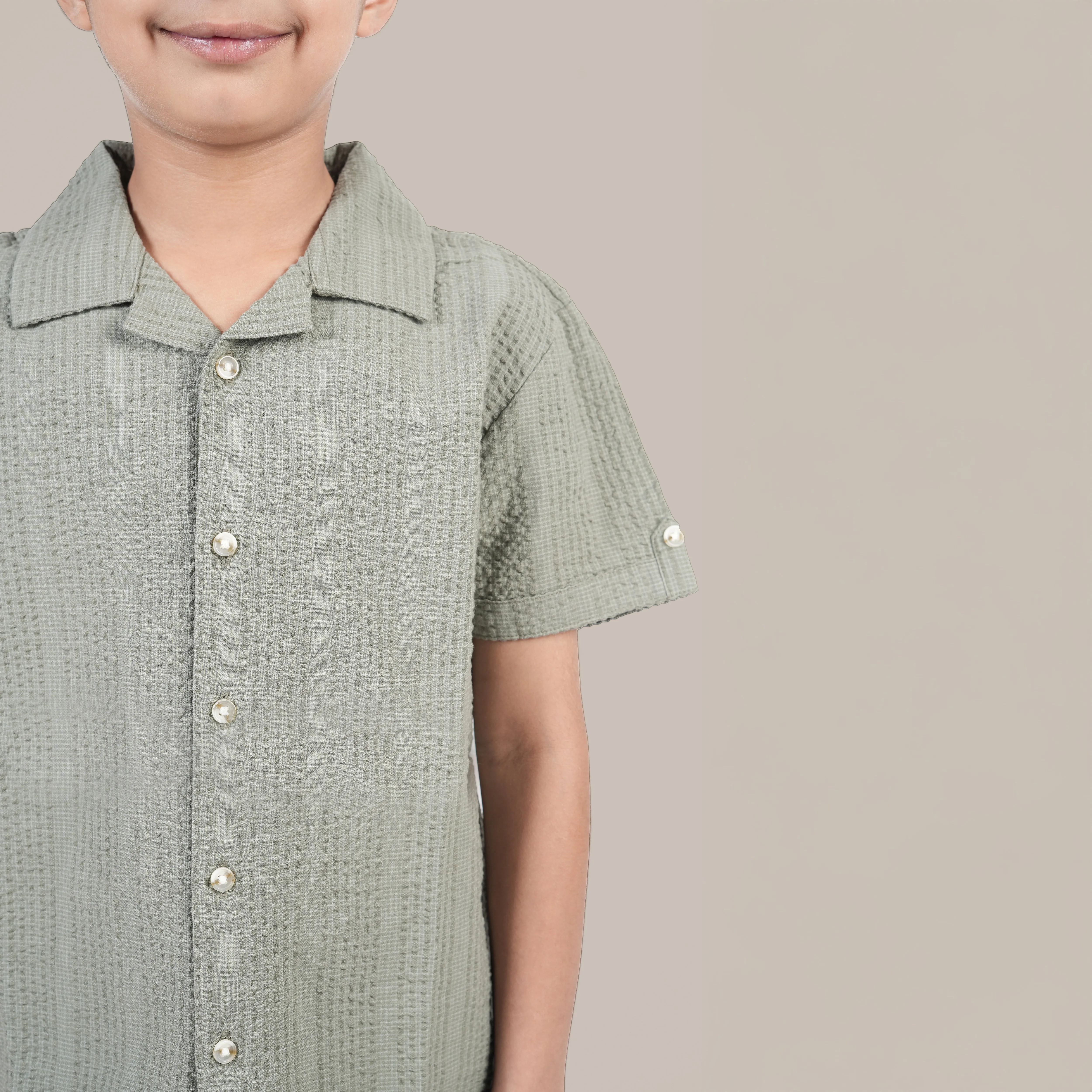 Boys Textured Seersucker Resort Shirt & Short Co-Ord Set Sage Green