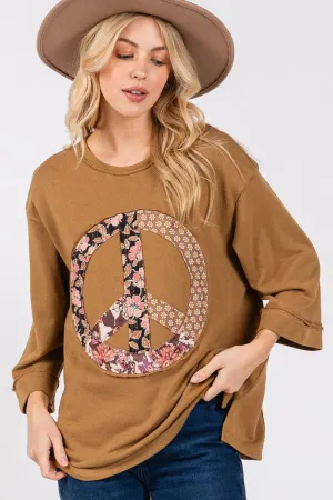 Brown Floral Peace Patch Round Neck Top