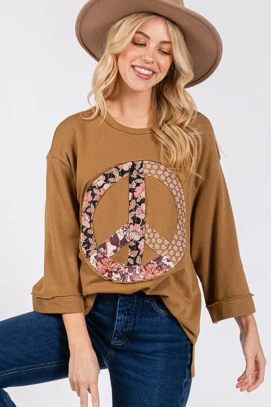 Brown Floral Peace Patch Round Neck Top