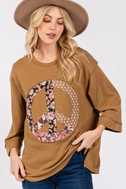 Brown Floral Peace Patch Round Neck Top