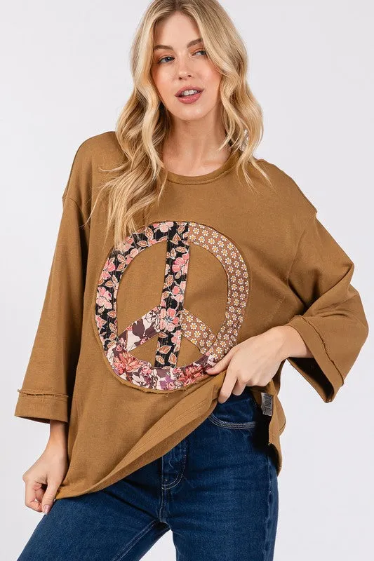 Brown Floral Peace Patch Round Neck Top