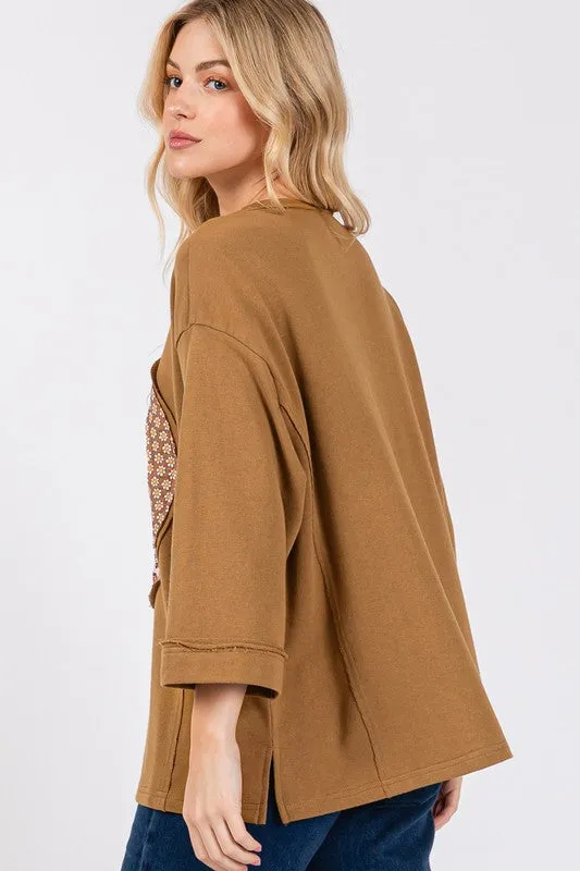 Brown Floral Peace Patch Round Neck Top