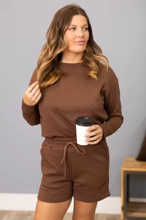 Brown Textured Long Sleeve Top and Shorts Set