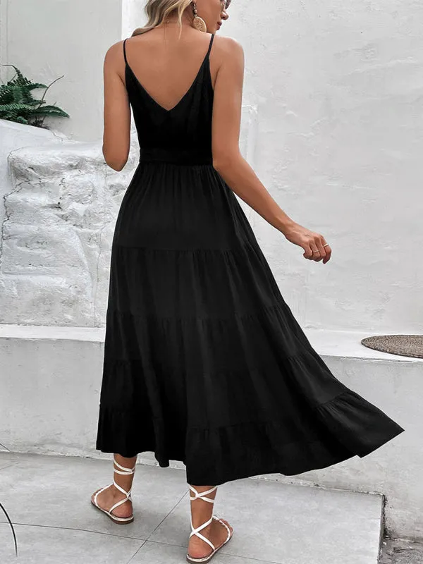 Button-Down Midi Dress with Tiered Skirt and Suspender Design
