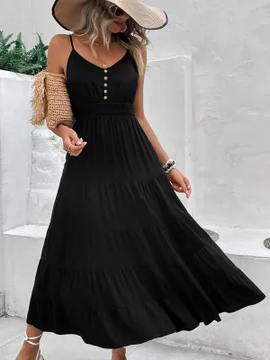 Button-Down Midi Dress with Tiered Skirt and Suspender Design