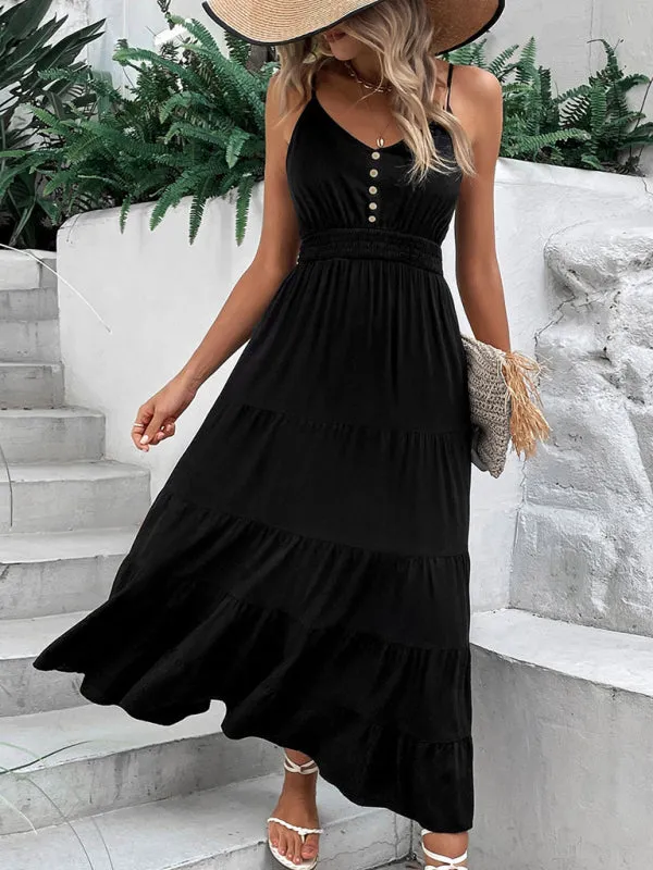 Button-Down Midi Dress with Tiered Skirt and Suspender Design