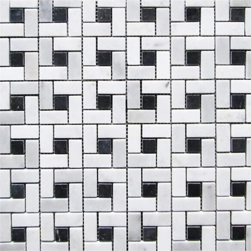 Carrara Marble Italian White Bianco Carrera Target Pinwheel Pattern Marble Mosaic Tile with Nero Marquina Black Dots Polished