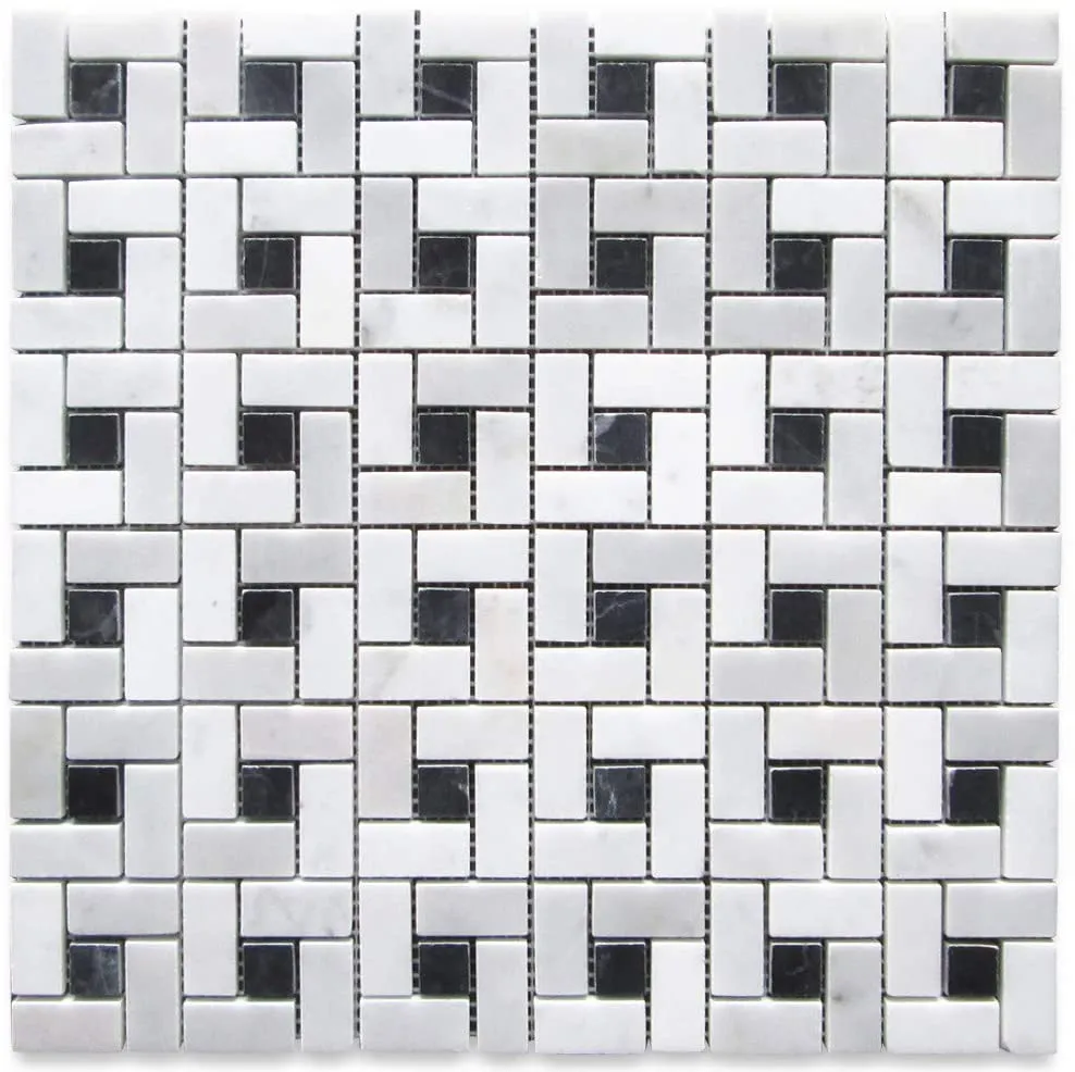 Carrara Marble Italian White Bianco Carrera Target Pinwheel Pattern Marble Mosaic Tile with Nero Marquina Black Dots Polished