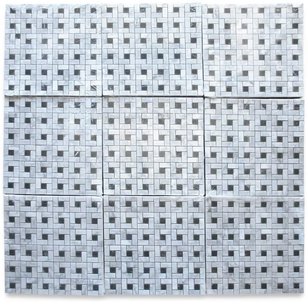Carrara Marble Italian White Bianco Carrera Target Pinwheel Pattern Marble Mosaic Tile with Nero Marquina Black Dots Polished