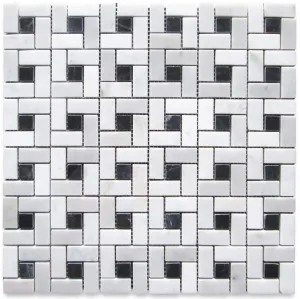 Carrara Marble Italian White Bianco Carrera Target Pinwheel Pattern Marble Mosaic Tile with Nero Marquina Black Dots Polished