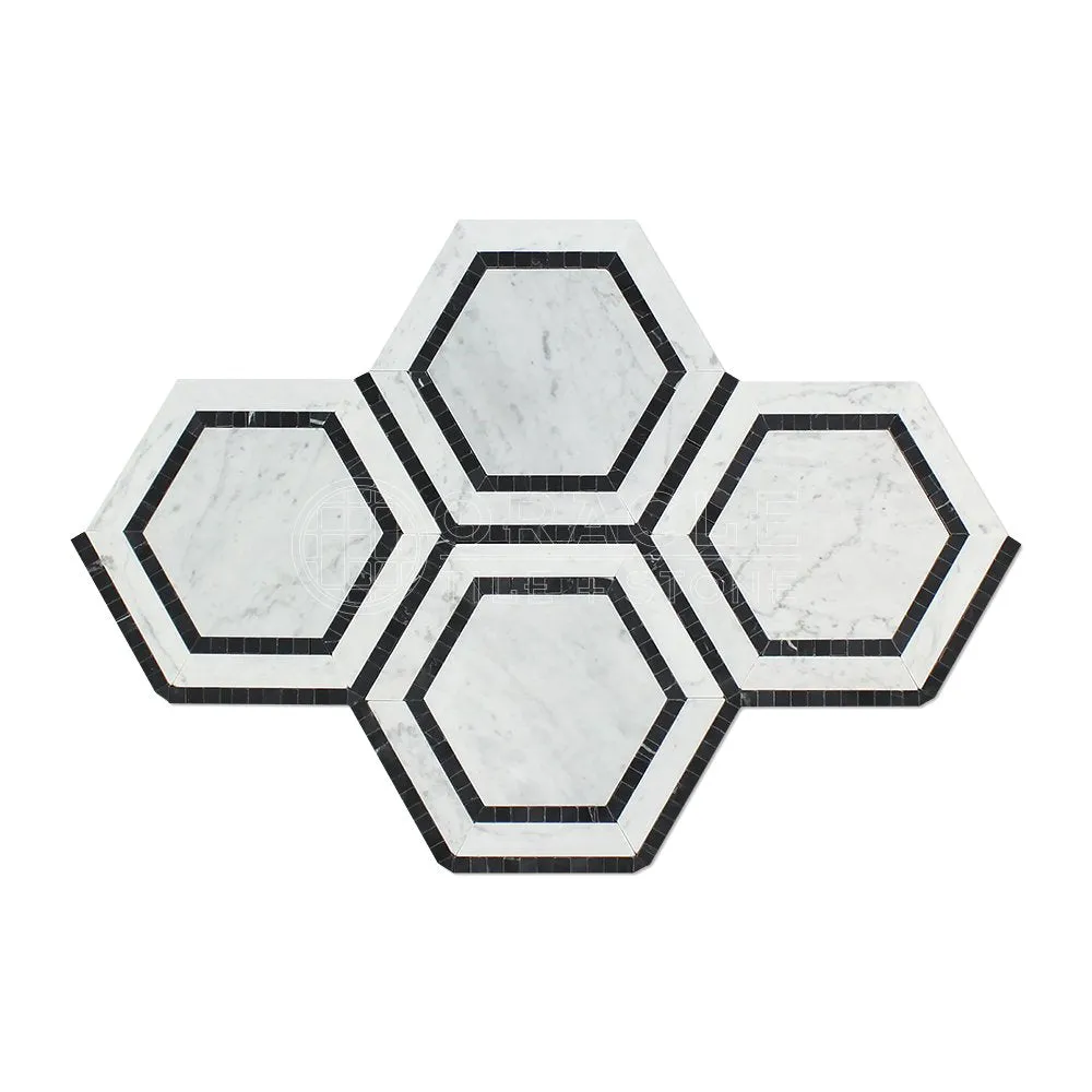 Carrara White Italian (Bianco Carrara) Marble 5 inch Hexagon Combination Mosaic Tile with Black Ribbon, Polished
