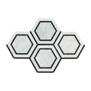 Carrara White Italian (Bianco Carrara) Marble 5 inch Hexagon Combination Mosaic Tile with Black Ribbon, Polished