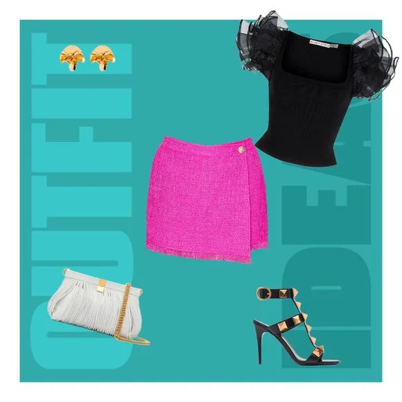 Central Park West Hot Pink Fringe Hem Wrap Tweed Skort with Built-in Shorts NWOT