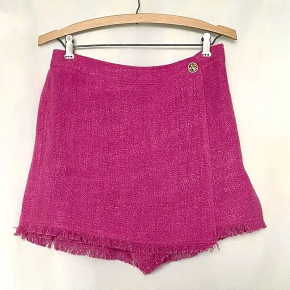 Central Park West Hot Pink Fringe Hem Wrap Tweed Skort with Built-in Shorts NWOT