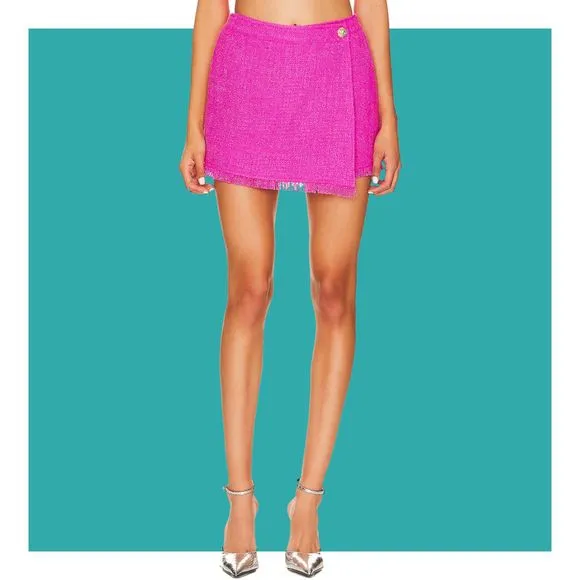 Central Park West Hot Pink Fringe Hem Wrap Tweed Skort with Built-in Shorts NWOT