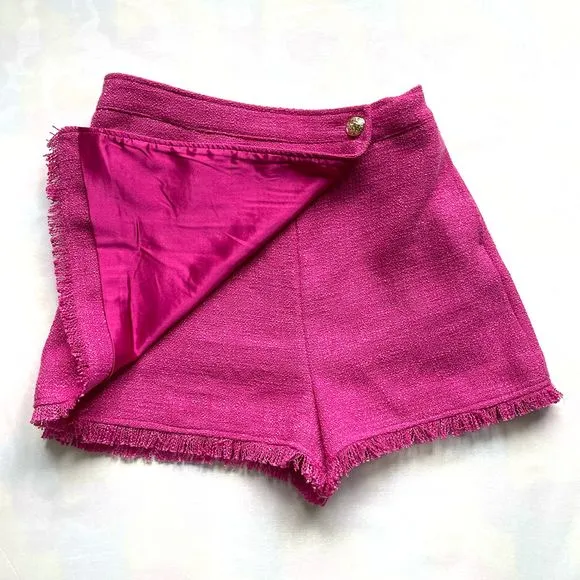 Central Park West Hot Pink Fringe Hem Wrap Tweed Skort with Built-in Shorts NWOT