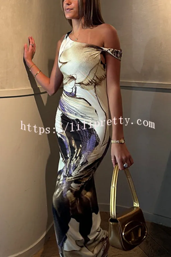 Charming Mentality Abstract Floral Print One Shoulder Stretch Maxi Dress