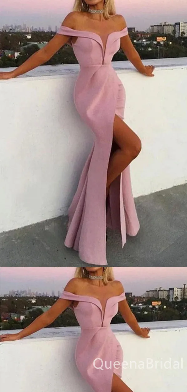 Charming Mermaid Elegant Pink Off-the-shoulder High Slit Evening Gown Long Prom Dresses, WGP742