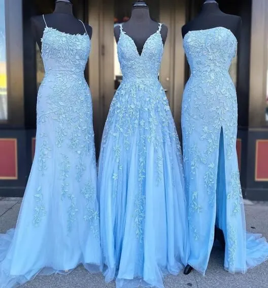 Cheap Long Lace Blue Prom Dresses Applique Mermaid Evening Formal Gowns