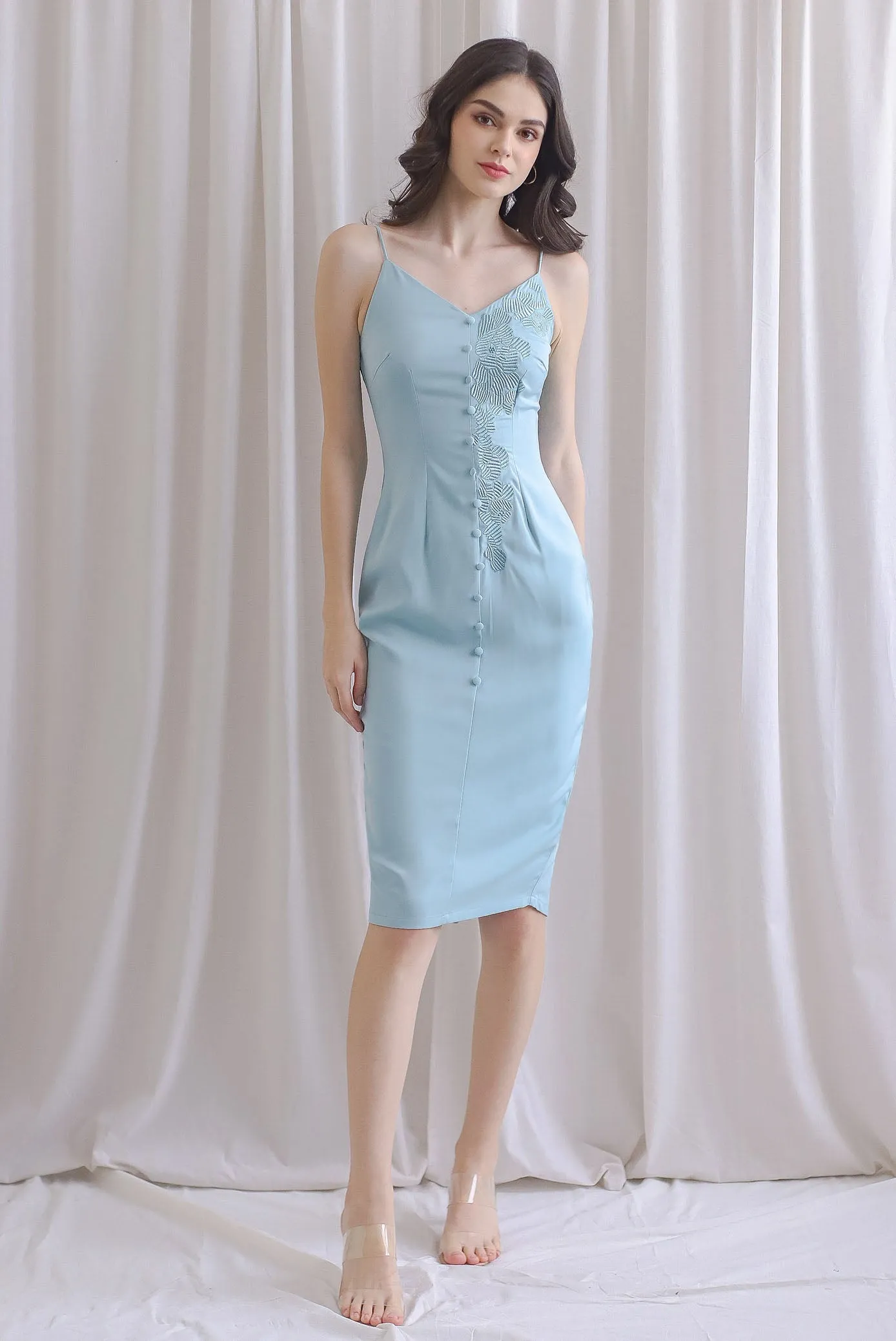 Chelo Applique Sateen Dress In Seafoam