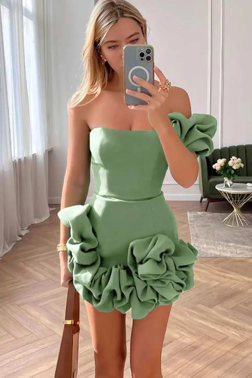 Chic Black One Shoulder Tight Ruffled Short Prom Dress