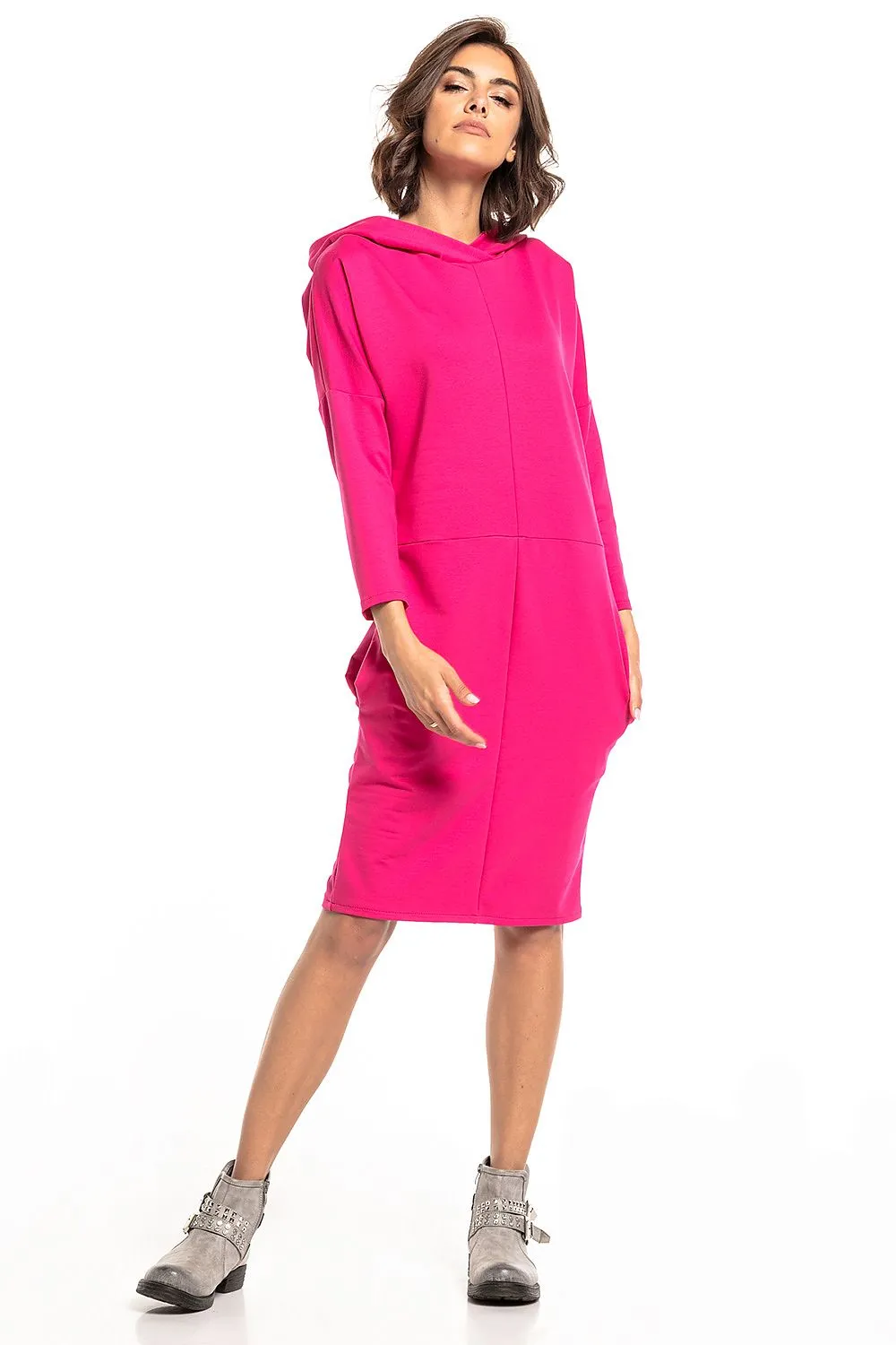 Chic Hooded Knit Dress With Pockets