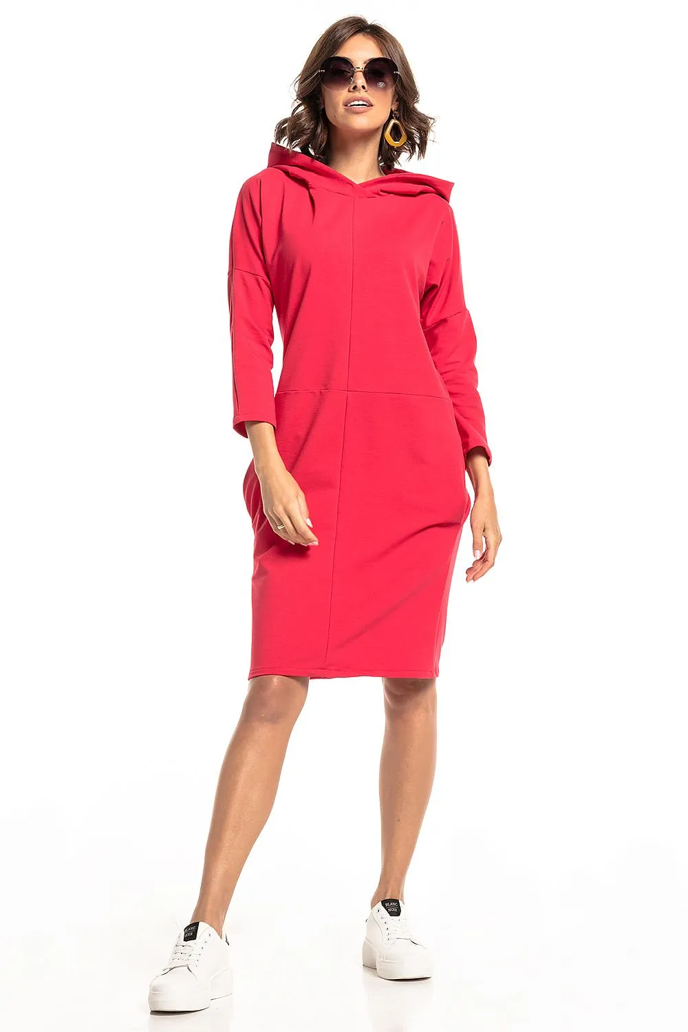 Chic Hooded Knit Dress With Pockets