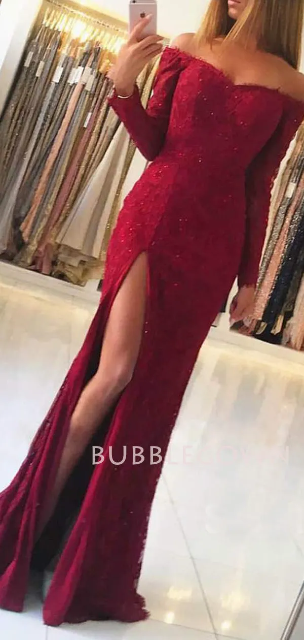 Chic Off Shoulder Long Sleeves Lace High Split Mermaid Long Evening Prom Dresses, Cheap Custom Prom Dresses, MR7438