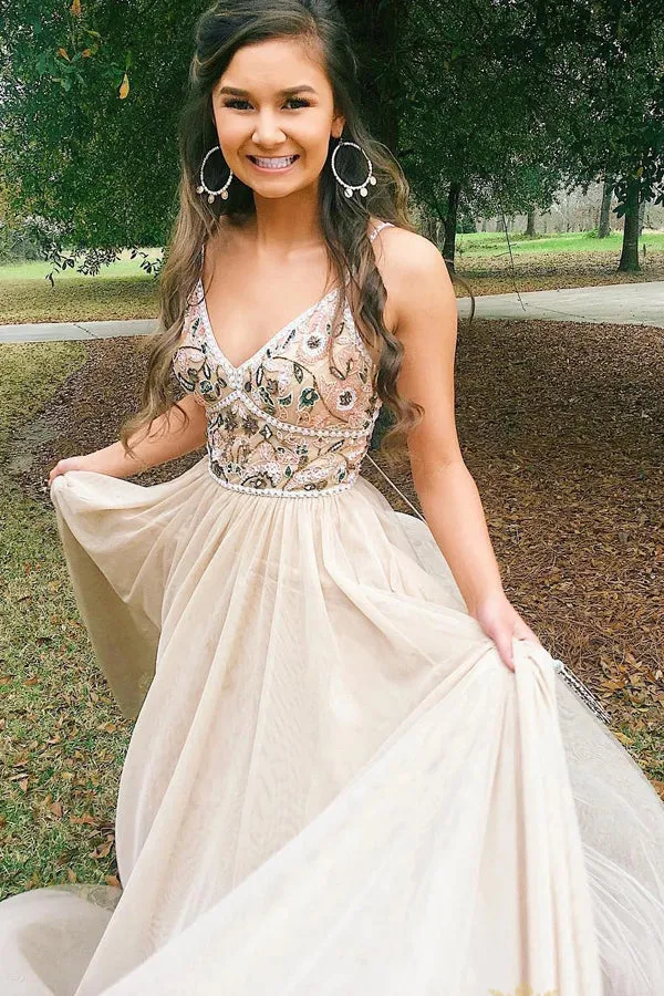 Chic Spaghetti Straps Low Back A Line Long Evening Dress,MP467