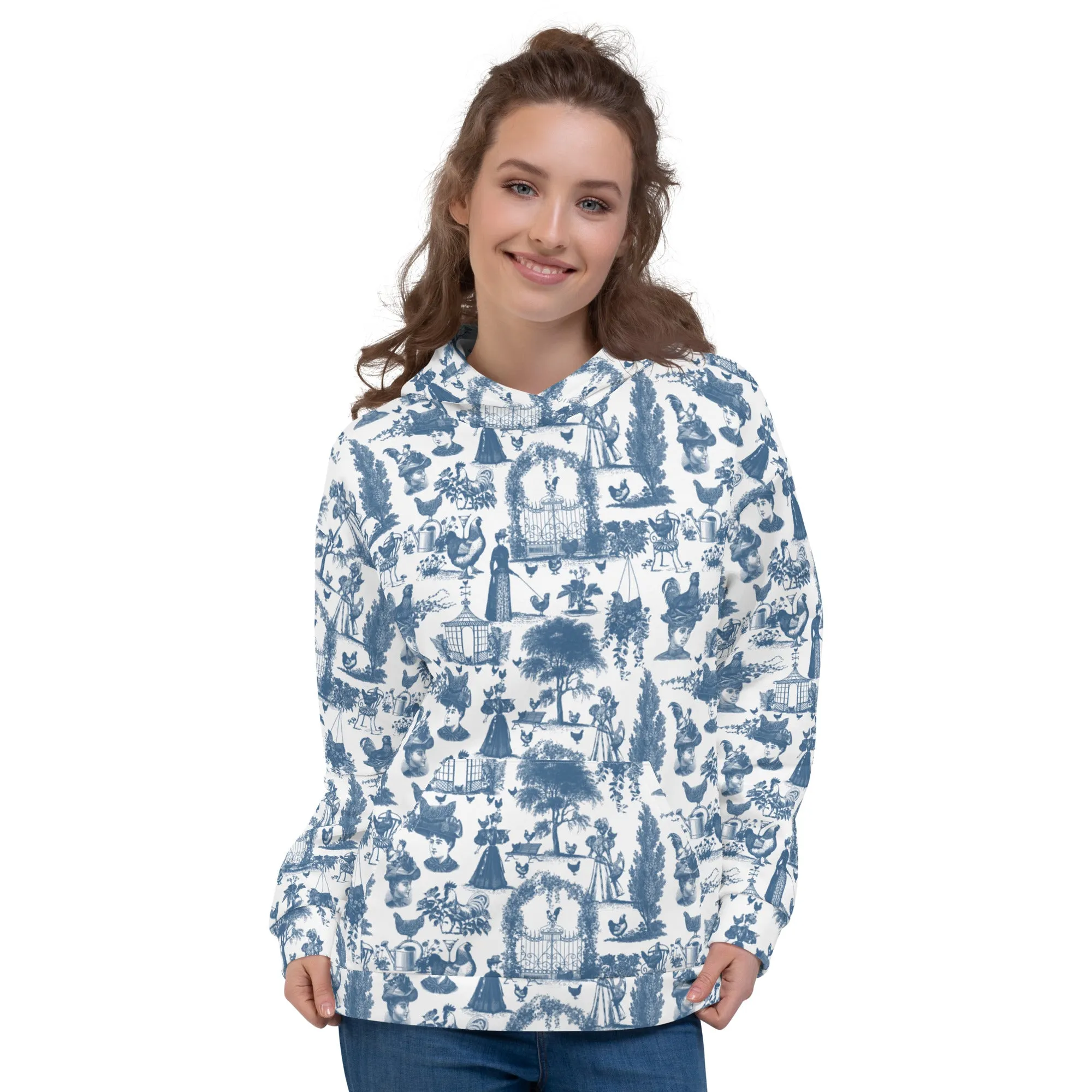 Chicken Lady Toile Unisex Hoodie, cornflower